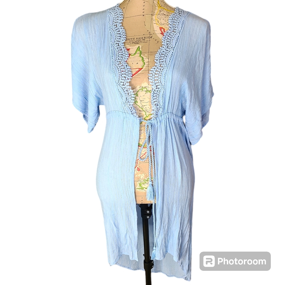 NEW BLUE ISLAND Size X-Small Blue Crinkled Rayon Tassel-Tie Swim Coverup Kimono